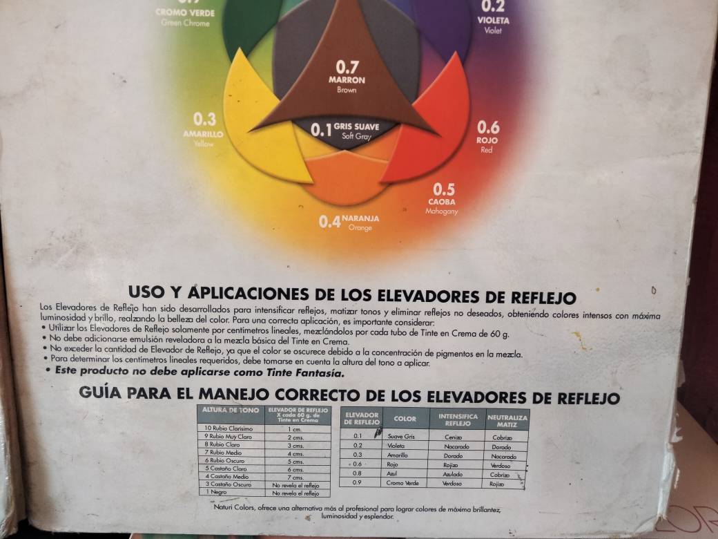 CROMO VERDE 0.2
USO Y ÁPLICACIONES DE LOS ELEVADORES DE REFLEJO 
Los Elevadores de Reflejo han sido desarrollados para intensificar reflejos, matizar tonos y eliminar reflejos no deseados, obteniendo colores intensos con máxima 
luminosidad y brillo, realzando la belleza del color. Para una correcta aplicación, es importante considerar: 
Utilizar los Elevadores de Reflejo solamente por centímetros lineales, mezclándolos por cada tubo de Tinte en Crema de 60 g. 
No debe adicionarse emulsión reveladora a la mezcla básica del Tinte en Crema. 
No exceder la cantidad de Elevador de Reflejo, ya que el color se oscurece debido a la concentración de pigmentos en la mezcla. 
Para determinar los centímetros lineales requeridos, debe tomarse en cuenta la altura del tono a aplicar. 
Este producto no debe aplicarse como Tinte Fantasía. 
GUÍA PARA EL MANEJO CORRECTO DE LOS ELEVADORES DE REFLEJO 
Naturi Colors, ofrece una alternativa más al profesional para lograr colores de máxima brillantez, 
luminosidad y esplendor.