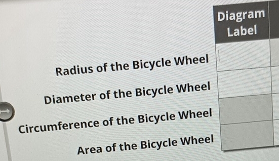 Radius of the Bicycle Wheel 
Diameter of the Bicycle Wheel 
Circumference of the Bicycle Wheel 
Area of the Bicycle Whee