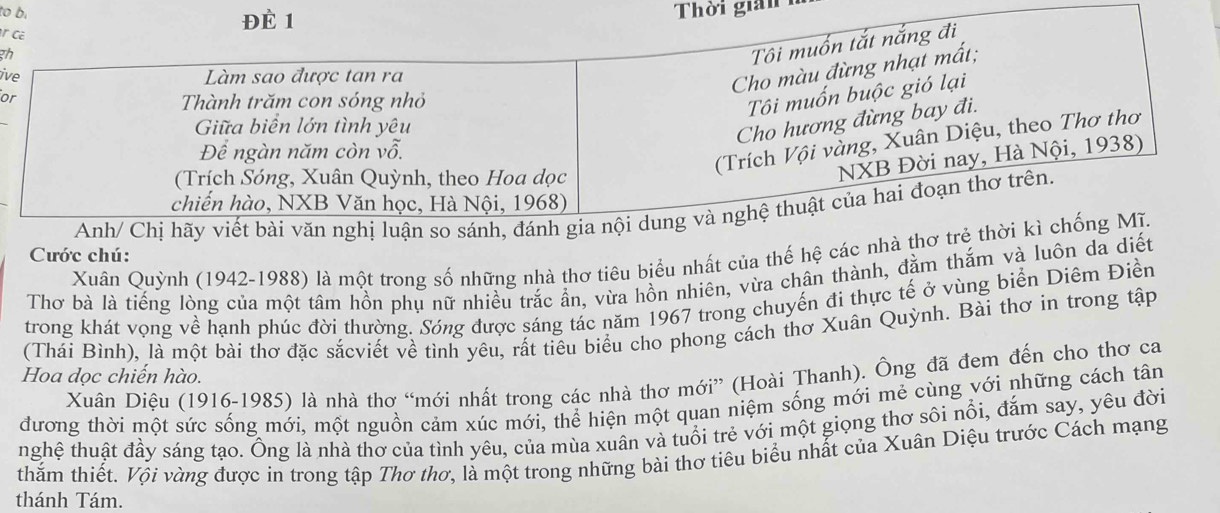 to bi 
Thời gian 
r 
3h 
iv 
o 
Xuân Quỳnh (1942-1988) là một trong số những nhà thơ tiêu biểu nhất của thế hệ các nhà 
Cước chú: 
Thơ bà là tiếng lòng của một tâm hồn phụ nữ nhiều trắc ẩn, vừa hồn nhiên, vừa chân thành, đằm thắm và luôn da di 
trong khát vọng về hạnh phúc đời thường. Sóng được sáng tác năm 1967 trong chuyến đi thực tế ở vùng biển Diêm Điền 
(Thái Bình), là một bài thơ đặc sắcviết về tình yêu, rất tiêu biểu cho phong cách thơ Xuân Quỳnh. Bài thơ in trong tập 
Hoa dọc chiến hào. 
Xuân Diệu (1916-1985) là nhà thơ “mới nhất trong các nhà thơ mới” (Hoài Thanh). Ông đã đem đến cho thơ ca 
đương thời một sức sống mới, một nguồn cảm xúc mới, thể hiện một quan niệm sống mới mẻ cùng với những cách tân 
nghệ thuật đầy sáng tạo. Ông là nhà thơ của tình yêu, của mùa xuân và tuổi trẻ với một giọng thơ sôi nổi, đắm say, yêu đời 
thằm thiết. Vội vàng được in trong tập Thơ thơ, là một trong những bài thơ tiêu biểu nhất của Xuân Diệu trước Cách mạng 
thánh Tám.