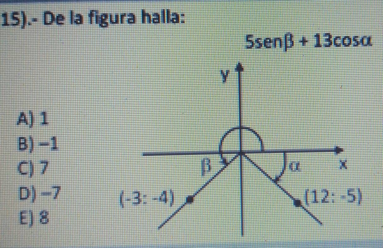 15).- De la figura halla:
5sen beta +13cos alpha
A) 1
B) −1
C) 7
D) -7
E) 8