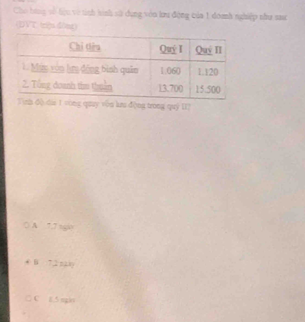 Cho bóng về hiệu về tình hình sử dụng vòn lưu động của 1 doanh nghiệp như sac
(ĐYT. triu đòng)
y vận lưu động trong quý II?
A 7.7 ngly
④ B ∩7, 2 n2sy
C 8,5 ngày