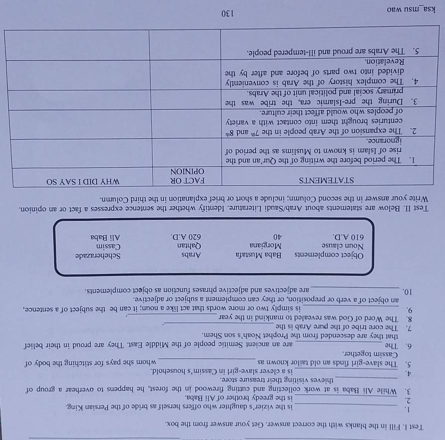 Test I. Fill in the blanks with the correct answer. Get your answer from the box.
1.
_is the vizier’s daughter who offers herself as bride of the Persian King.
2.
_is the greedy brother of Ali Baba.
3. While Ali Baba is at work collecting and cutting firewood in the forest, he happens to overhear a group of
_thieves visiting their treasure store.
4.
_is a clever slave-girl in Cassim's household.
5. The slave-girl finds an old tailor known as _whom she pays for stitching the body of
Cassim together.
6. The _are an ancient Semitic people of the Middle East. They are proud in their belief
that they are descended from the Prophet Noah's son Shem.
7. The core tribe of the pure Arab is the_
8. The Word of God was revealed to mankind in the year _.
9.
_is simply two or more words that act like a noun; it can be the subject of a sentence,
an object of a verb or preposition, or they can complement a subject or adjective.
10. _are adjectives and adjective phrases function as object complements.
Object complements Baba Mustafa Arabs Scheherazade
Noun clause Morgiana Qahtan Cassim
610 A.D. 40 620 A.D. Ali Baba
Test II. Below are statements about Arab/Saudi Literature. Identify whether the sentence expresses a fact or an opinion.
Write your answer in the second Column; include a short or brief explanation in the third Column.
ksa_msu wao 130