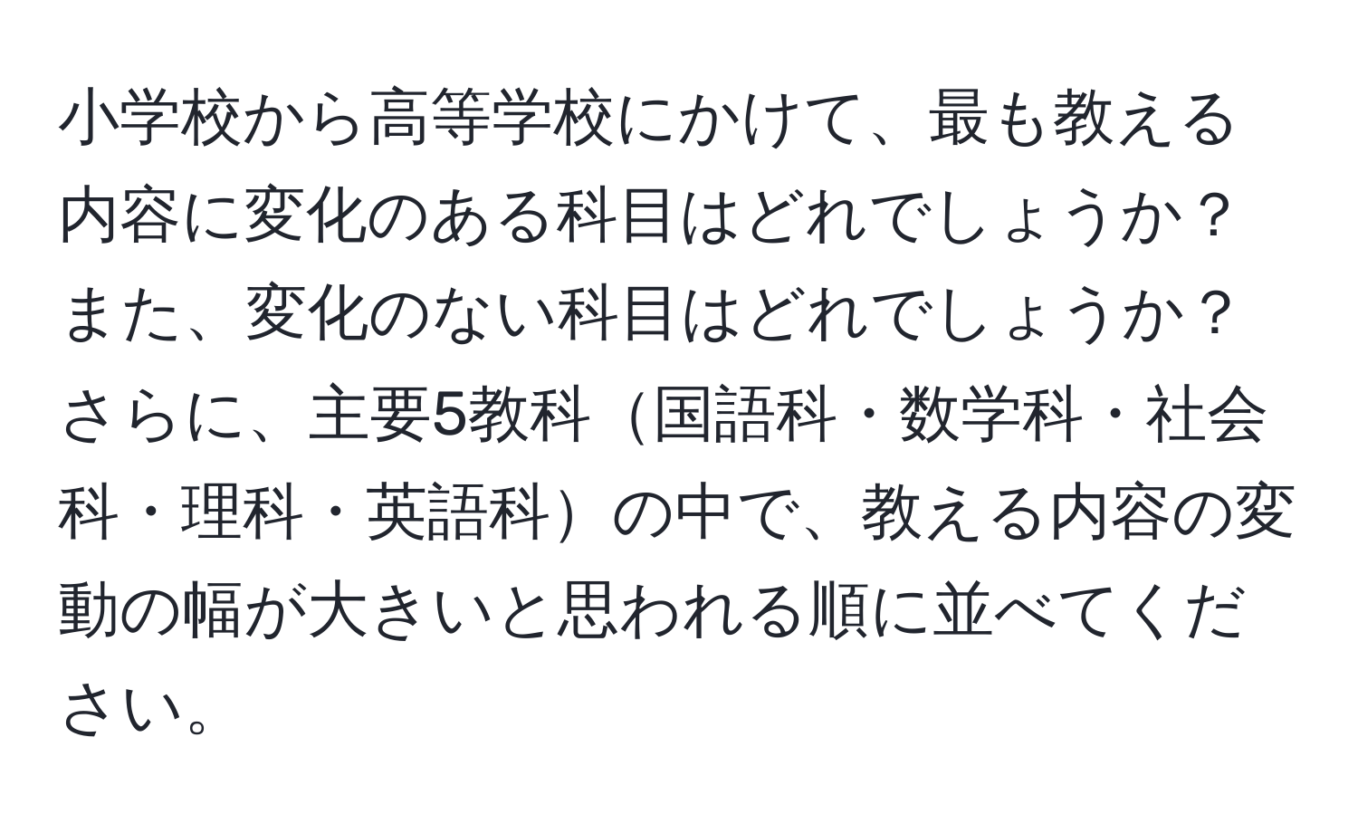 小学校から高等学校にかけて、最も教える内容に変化のある科目はどれでしょうか？また、変化のない科目はどれでしょうか？さらに、主要5教科国語科・数学科・社会科・理科・英語科の中で、教える内容の変動の幅が大きいと思われる順に並べてください。