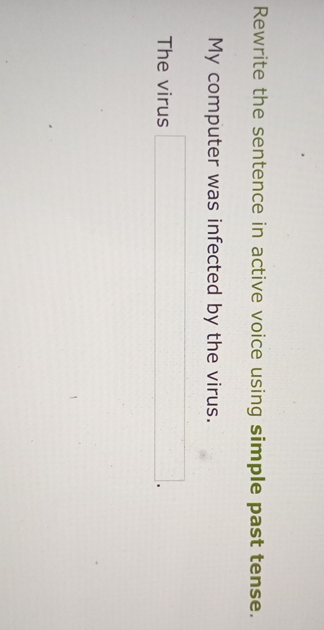 Rewrite the sentence in active voice using simple past tense. 
My computer was infected by the virus. 
The virus □.