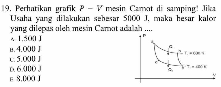 Perhatikan grafik P-V mesin Carnot di samping! Jika
Usaha yang dilakukan sebesar 5000 J, maka besar kalor
yang dilepas oleh mesin Carnot adalah ....
A. 1.500 J
B. 4.000 J
c. 5.000 J
d. 6,000 J
e. 8.000 J