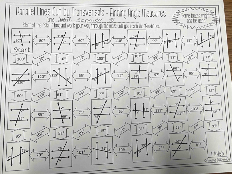 Parallel Lines Cut by Transversals - Finding Angle Measures Some boxes might
Name __not be used
Amnzng Mäthemäles