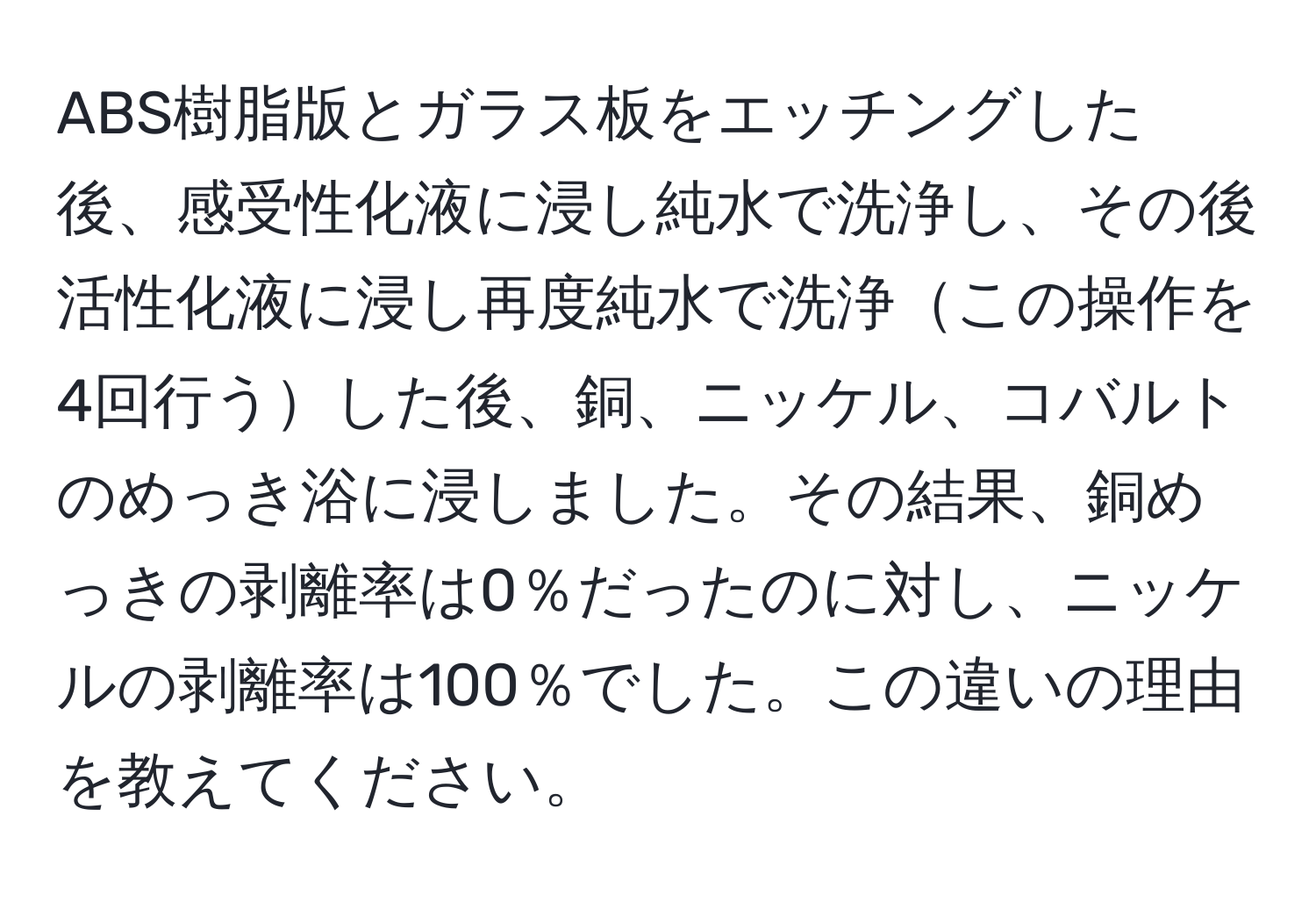 ABS樹脂版とガラス板をエッチングした後、感受性化液に浸し純水で洗浄し、その後活性化液に浸し再度純水で洗浄この操作を4回行うした後、銅、ニッケル、コバルトのめっき浴に浸しました。その結果、銅めっきの剥離率は0％だったのに対し、ニッケルの剥離率は100％でした。この違いの理由を教えてください。