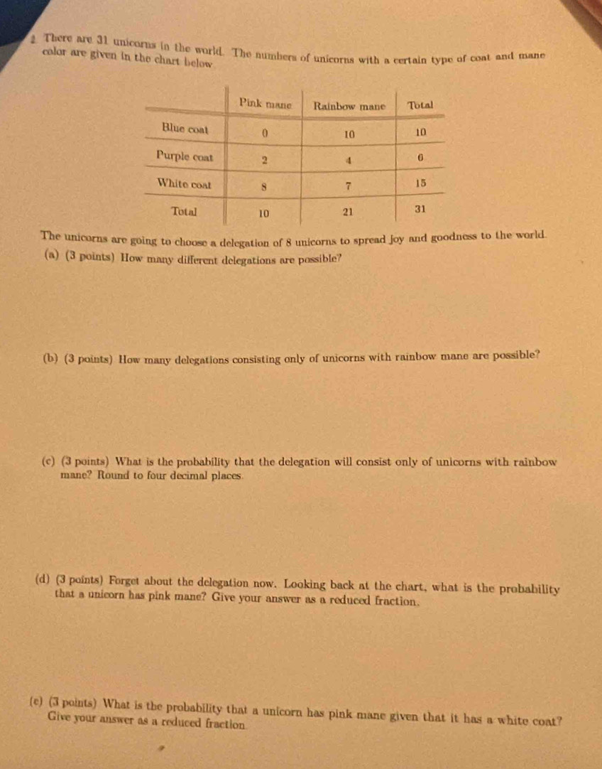 There are 31 unicorns in the world. The numbers of unicorns with a certain type of coat and mane 
color are given in the chart below 
The unicorns are going to choose a delegation of 8 unicorns to spread joy and goodness to the world. 
(a) (3 points) How many different delegations are possible? 
(b) (3 points) How many delegations consisting only of unicorns with rainbow mane are possible? 
(c) (3 points) What is the probability that the delegation will consist only of unicorns with rainbow 
mane? Round to four decimal places. 
(d) (3 points) Forget about the delegation now. Looking back at the chart, what is the probability 
that a unicorn has pink mane? Give your answer as a reduced fraction. 
(c) (3 points) What is the probability that a unicorn has pink mane given that it has a white coat? 
Give your answer as a reduced fraction