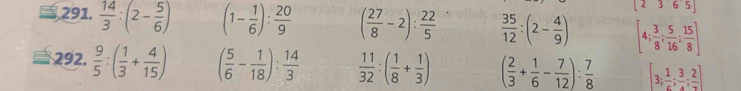 [2365] 
291.  14/3 :(2- 5/6 ) (1- 1/6 ): 20/9  ( 27/8 -2): 22/5   35/12 :(2- 4/9 ) [4; 3/8 ; 5/16 ; 15/8 ]
292.  9/5 :( 1/3 + 4/15 ) ( 5/6 - 1/18 ): 14/3   11/32 :( 1/8 + 1/3 ) ( 2/3 + 1/6 - 7/12 ): 7/8  [3; 1/6 ; 3/4 ; 2/7 ]