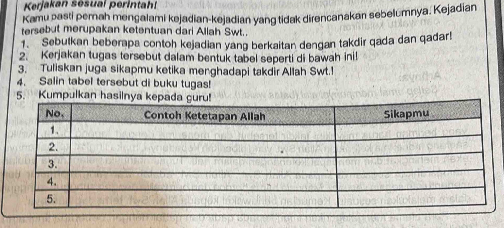 Kerjakan sesual perintah! 
Kamu pasti pernah mengalami kejadian-kejadian yang tidak direncanakan sebelumnya. Kejadian 
tersebut merupakan ketentuan dari Allah Swt.. 
1. Sebutkan beberapa contoh kejadian yang berkaitan dengan takdir qada dan qadar! 
2. Kerjakan tugas tersebut dalam bentuk tabel seperti di bawah ini! 
3. Tuliskan juga sikapmu ketika menghadapi takdir Allah Swt.! 
4. Salin tabel tersebut di buku tugas! 
5. Kumpulkan hasi