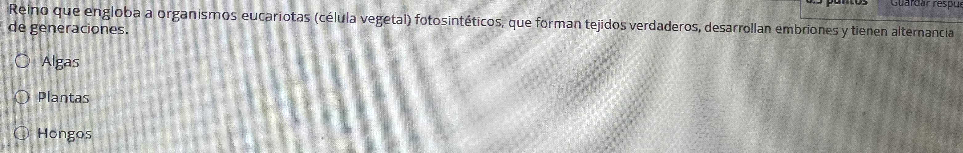 Guardar respu
Reino que engloba a organismos eucariotas (célula vegetal) fotosintéticos, que forman tejidos verdaderos, desarrollan embriones y tienen alternancia
de generaciones.
Algas
Plantas
Hongos