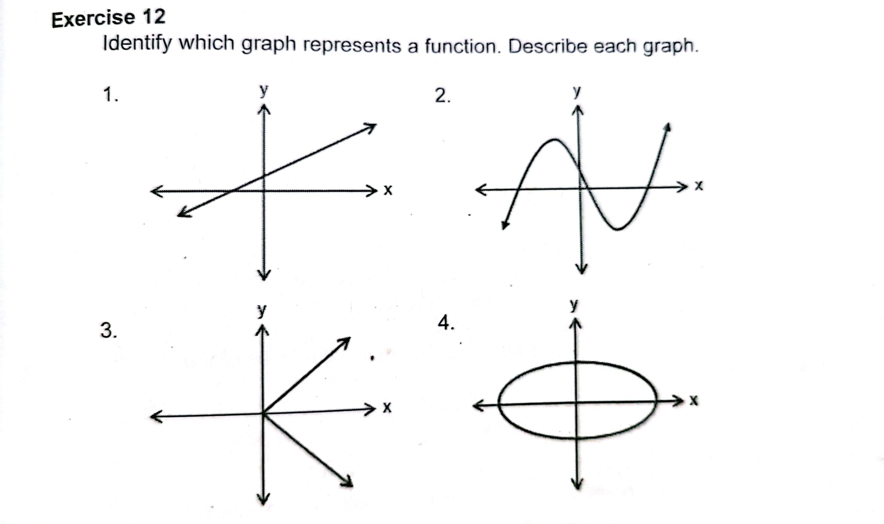 Identify which graph represents a function. Describe each graph. 
1. 
2. 
3. 
4