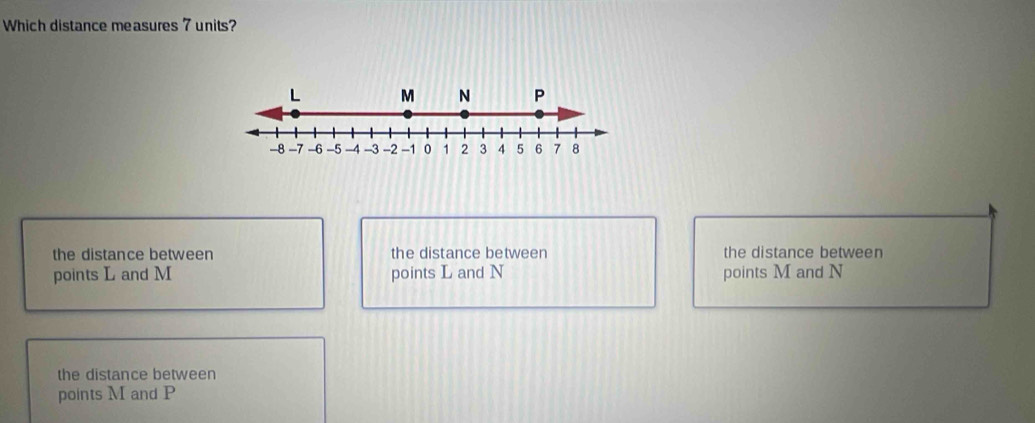 Which distance measures 7 units?
the distance between the distance between the distance between
points L and M points L and N points M and N
the distance between
points M and P