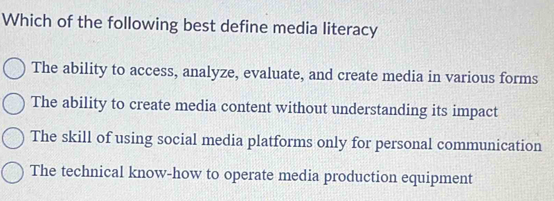 Which of the following best define media literacy
The ability to access, analyze, evaluate, and create media in various forms
The ability to create media content without understanding its impact
The skill of using social media platforms only for personal communication
The technical know-how to operate media production equipment