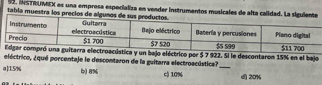 INSTRUMEX es una empresa especializa en vender instrumentos musicales de alta calidad.
tabla muestra los precios d
or $ 7 922. Si le descontaron 15% en el bajo
¿léctrico, ¿qué porcentaje le descontaron de la guitarra electroacústica?
a) 15% b) 8% c) 10% _d) 20%