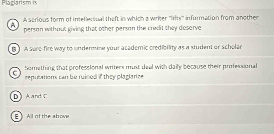 Plagiarism is
A serious form of intellectual theft in which a writer "lifts" information from another
A
person without giving that other person the credit they deserve
B A sure-fire way to undermine your academic credibility as a student or scholar
Something that professional writers must deal with daily because their professional
C
reputations can be ruined if they plagiarize
D A and C
E All of the above