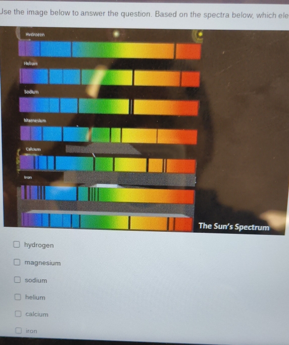 Use the image below to answer the question. Based on the spectra below, which ele
hydrogen
magnesium
sodium
helium
calcium
iron