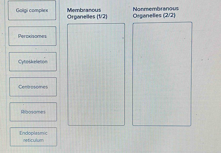 Golgi complex Membranous Nonmembranous 
Organelles (1/2) Organelles (2/2)
Peroxisomes 
Cytoskeleton 
Centrosomes 
Ribosomes 
Endoplasmic 
reticulum