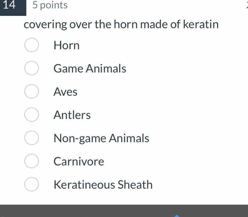 14 5 points
covering over the horn made of keratin
Horn
Game Animals
Aves
Antlers
Non-game Animals
Carnivore
Keratineous Sheath