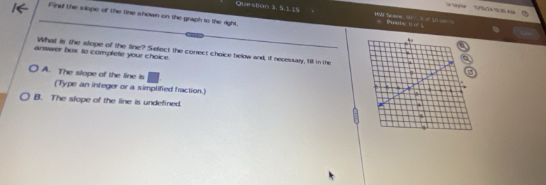 la taylor
Question 3. 5.1.15 HW Scores 804,8 é 10 so Points: 0 o'
Find the slope of the line shown on the graph to the right. 
answer box to complete your choice. What is the slope of the line? Select the correct choice below and, if necessary, fill in the
A. The slope of the line is
(Type an integer or a simplified fraction.)
B. The slope of the line is undefined.