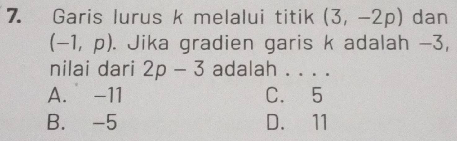 Garis lurus k melalui titik (3,-2p) dan
(-1,p). Jika gradien garis k adalah -3,
nilai dari 2p-3 adalah . . . .
A. -11 C. 5
B. -5 D. 11