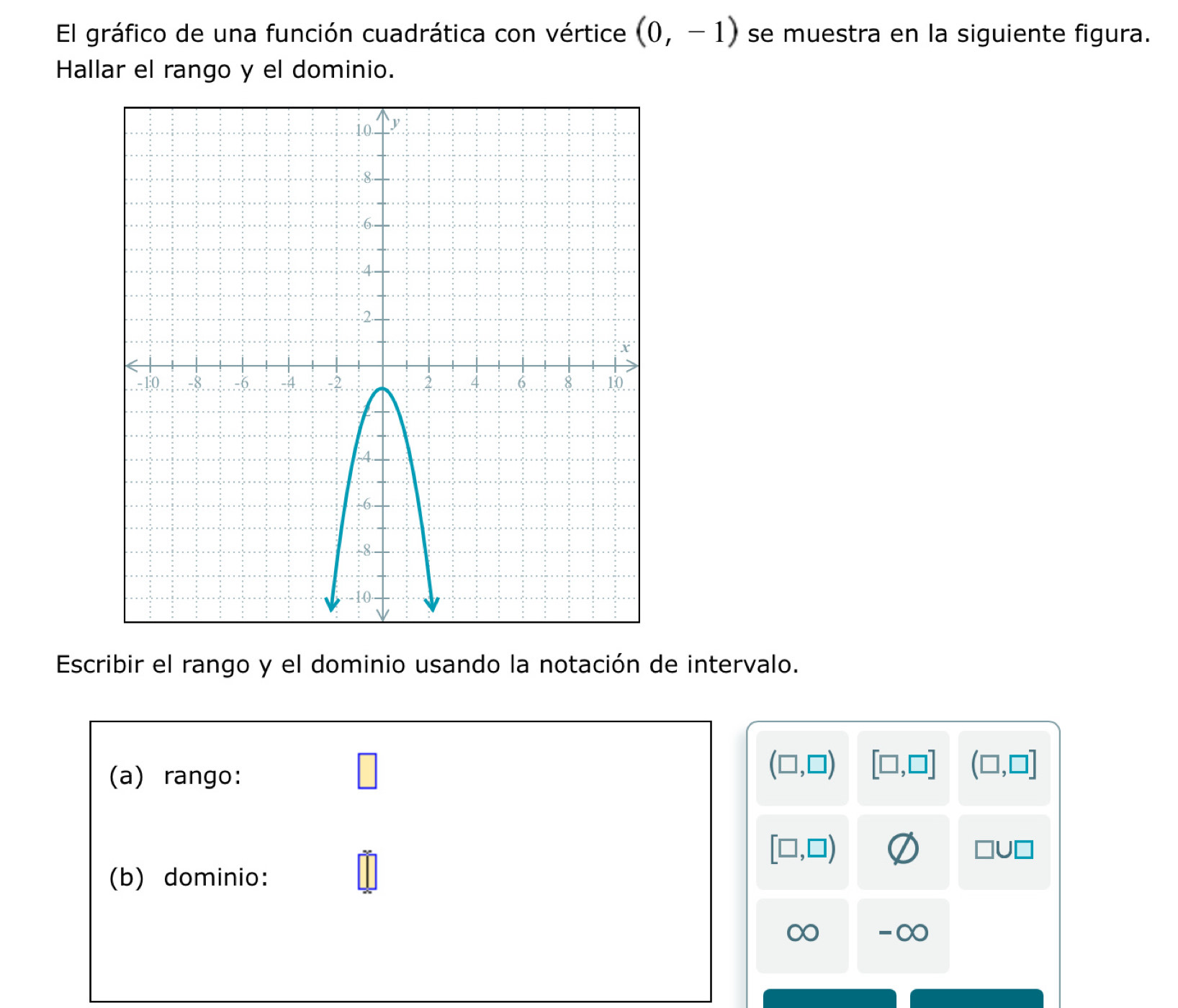 El gráfico de una función cuadrática con vértice (0,-1) se muestra en la siguiente figura. 
Hallar el rango y el dominio. 
Escribir el rango y el dominio usando la notación de intervalo. 
(a) rango:
(□ ,□ ) [□ ,□ ] (□ ,□ ]
[□ ,□ )
□ U□
(b) dominio: 
0 -∞