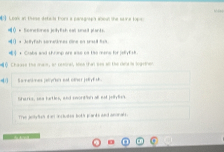 d6(
1) Look at these details from a paragraph about the same topic:
1)* Sometimes jellyfish eat small plants.
1) * Jellyfish sometimes dine on small fish.
I) × Crabs and shrimp are also on the menu for jellyfish.
(1) Choose the main, or central, idea that ties all the detalls together.
1) Sometimes jellyfish eat other jellyfish.
Sharks, sea turties, and swordfish all eat jellyfish.
The jellyfish diet includes both plants and animals.