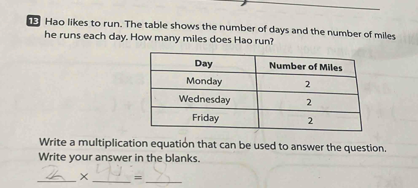 Hao likes to run. The table shows the number of days and the number of miles
he runs each day. How many miles does Hao run? 
Write a multiplication equation that can be used to answer the question. 
Write your answer in the blanks. 
_× _= 
_