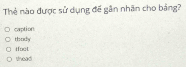 Thẻ nào được sử dụng để gắn nhãn cho bảng?
caption
tbody
tfoot
thead