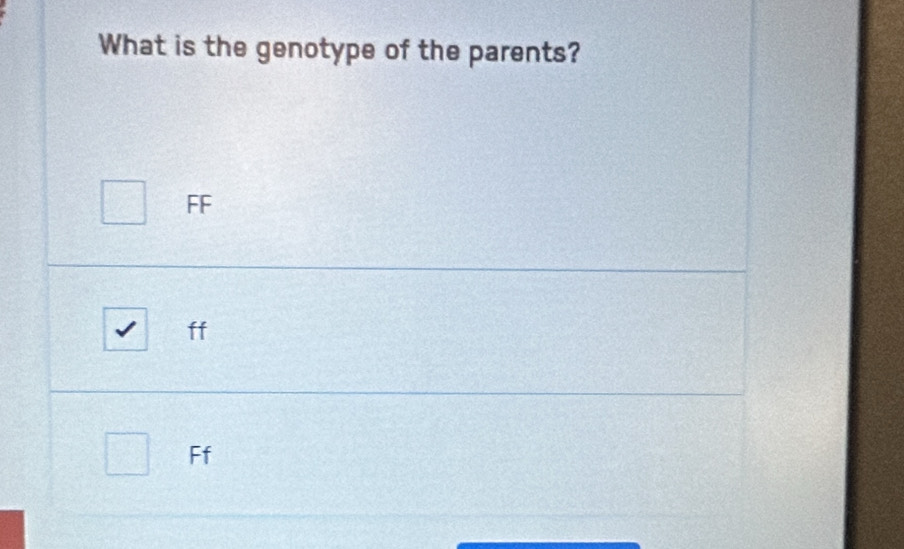 What is the genotype of the parents?
FF
ff
Ff