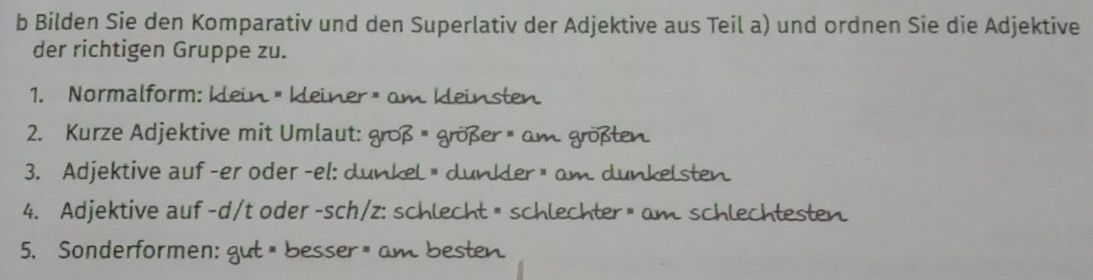 Bilden Sie den Komparativ und den Superlativ der Adjektive aus Teil a) und ordnen Sie die Adjektive 
der richtigen Gruppe zu. 
1. Normalform: klein Ö Keiner »om Kleinsten 
2. Kurze Adjektive mit Umlaut: groß * größer * am. größten 
3. Adjektive auf-er oder-el: dunkel am schlechtesten 
5. Sonderformen: gut" besser" am besten