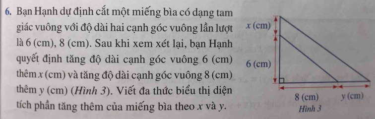 Bạn Hạnh dự định cắt một miếng bìa có dạng tam 
giác vuông với độ dài hai cạnh góc vuông lần lượt 
là 6 (cm), 8 (cm). Sau khi xem xét lại, bạn Hạnh 
quyết định tăng độ dài cạnh góc vuông 6 (cm)
thêm x (cm) và tăng độ dài cạnh góc vuông 8 (cm)
thêm y (cm) (Hình 3). Viết đa thức biểu thị diện 
tích phần tăng thêm của miếng bìa theo x và y.