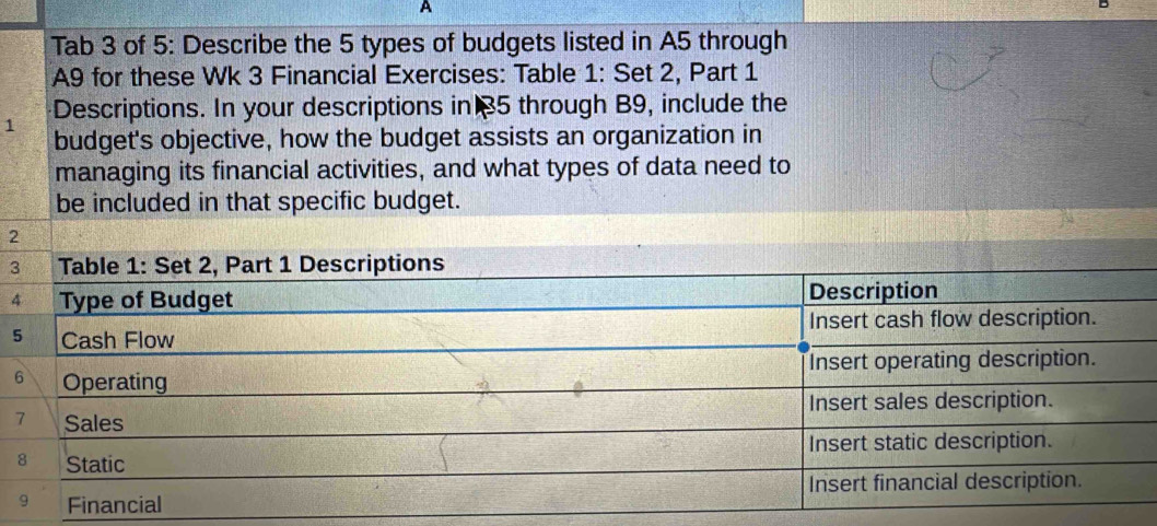 Solved: A D Tab 3 of 5: Describe the 5 types of budgets listed in A5 ...