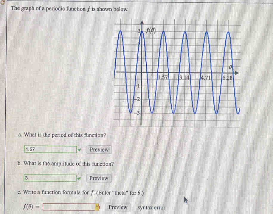 The graph of a periodic function f is shown below.
a. What is the period of this function?
1.57 Preview
b. What is the amplitude of this function?
3 Preview
c. Write a function formula for ƒ. (Enter ''theta'' for θ.)
□°
f(θ )=[ Preview syntax error