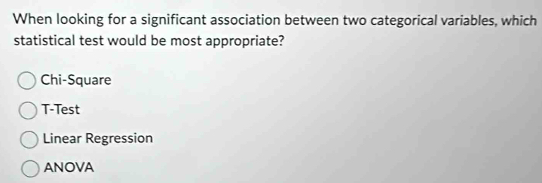 When looking for a significant association between two categorical variables, which
statistical test would be most appropriate?
Chi-Square
T-Test
Linear Regression
ANOVA