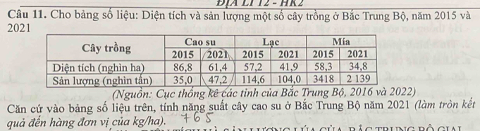 ĐỊA LI 12 - HK2 
Câu 11. Cho bảng số liệu: Diện tích và sản lượng một số cây trồng ở Bắc Trung Bộ, năm 2015 và 
2021 
(Nguồn: Cục thống kê các tỉnh của Bắc Trung Bộ, 2016 và 2022) 
Căn cứ vào bảng số liệu trên, tính năng suất cây cao su ở Bắc Trung Bộ năm 2021 (làm tròn kết 
quả đến hàng đơn vị của kg/ha).