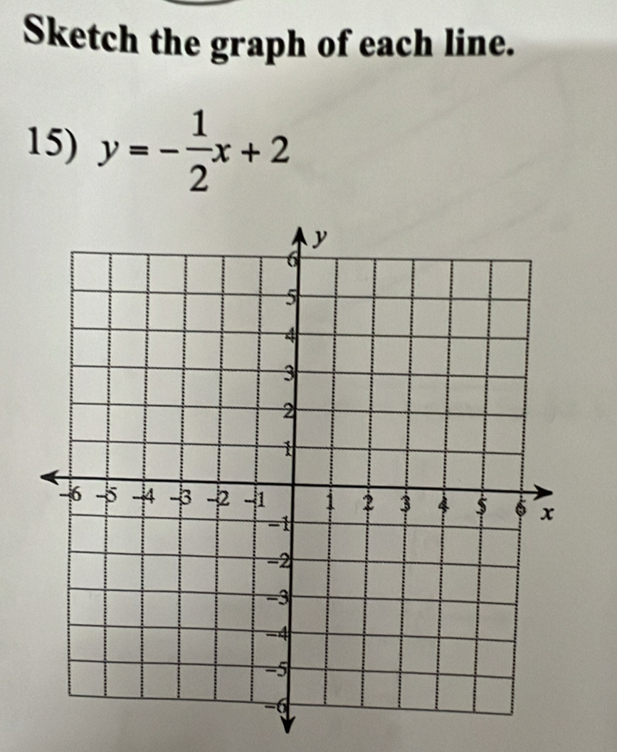 Sketch the graph of each line. 
15) y=- 1/2 x+2