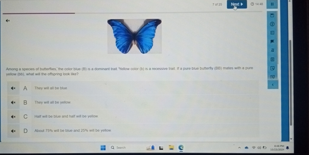 of 25 Next ▶ 14:48 1
Among a species of butterflies,' the color blue (B) is a dominant trait. Yellow color (b) is a recessive trait. If a pure blue butterfly (BB) mates with a pure
yellow (bb), what will the offspring look like?
A They will all be blue.
B They will all be yellow
J Half will be blue and half will be yellow
About 75% will be blue and 25% will be yellow
Search
10/23/2024