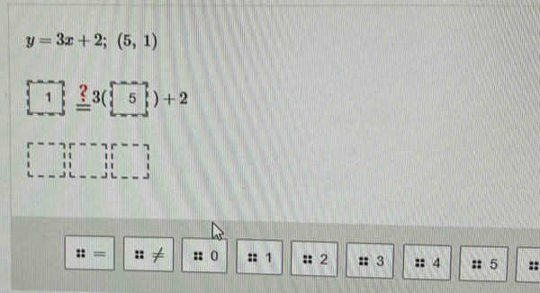 y=3x+2;(5,1)
1 _ 3(5)+2
=
0 1 2 3 4 5