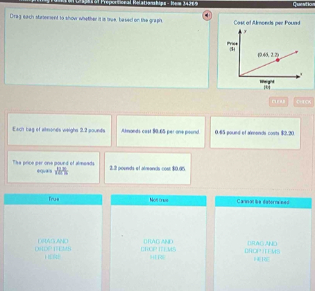 rophs of Proportional Relationships - Item 34269 Questio
Drag each statement to show whether it is true, based on the graph Cost of Almonds per Pound
0
CLEAN CHE CK
Each bag of almonds weighs 2.2 pounds Almonds cost $0.65 per one pound 0.65 pound of almonds costs 82.20
The price per one pound of almonds 2.2 pounds of almonds cost $0.65
equals ne^2
True Not true Cannot be determined
DRAG.AND DRAG AND DRAG'AND
DROP ITEMS DROP ITEMS DROPITEMS
HERE HERE HERE