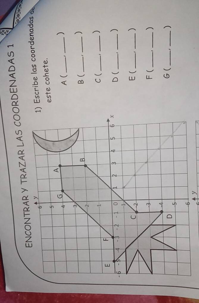 ENCONTRAR Y TRAZAR LAS COORDENADAS 1 

1) Escribe las coordenadas de 
este cohete. 
A(_ -1_ ) 
B(_ 
_) 
C(_ 
_) 
D(_ 
_) 
E(_ 
_) 
F( _1 _) 
G ( _、 _)