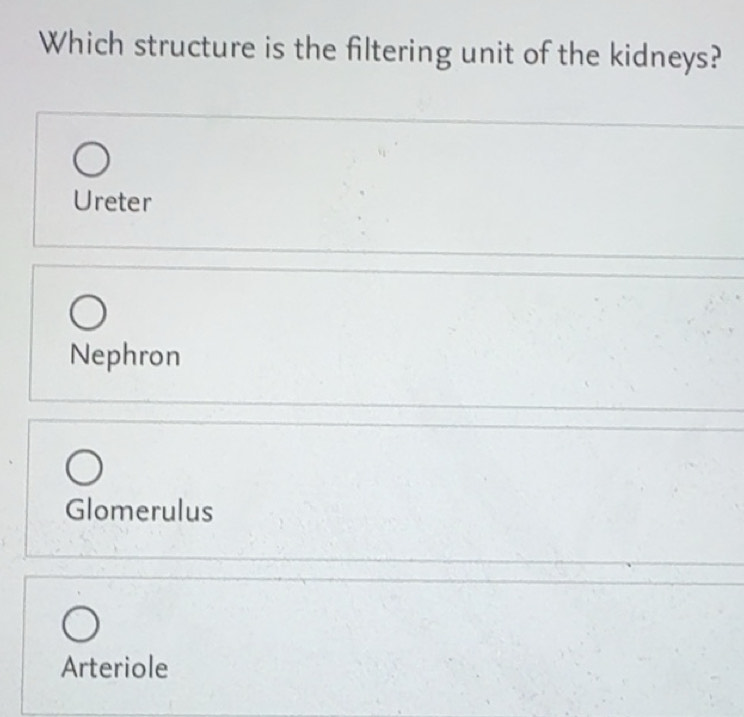 Solved: Which structure is the filtering unit of the kidneys? Ureter ...