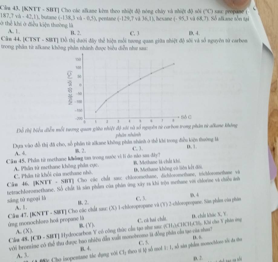 [KNTT - SBT] Cho các alkane kèm theo nhiệt độ nóng chảy và nhiệt độ sôi (^circ C) sau: propane (-
C
187,7va-42,1) , butane (-138,3va-0,5) , pentane (-129,7Va36,1). hexane (-95,3va68,7). Số alkane tồn tại
ở thể khí ở điều kiện thường là
A. 1. B. 2. C. 3 D. 4.
Câu 44. [CTST - SBT] Đồ thị dưới đây thể hiện mối tương quan giữa nhiệt độ sôi và số nguyên tử carbon
trong phân tử alkane không phân nhánh được biểu diễn như sau:
Đồ thị biểu diễn mối tương quan giữa nhiệt độ sối và số nguyênn từ alkane không
phân nhánh
Dựa vào đồ thị đã cho, số phân tử alkane không phân nhánh ở thể khí trong điều kiện thường là
A. 4. B. 2. C. 3. D. 1.
Câu 45. Phân tử methane không tan trong nước vì lí do nào sau đây?
A. Phân tử methane không phân cực, B. Methane là chất khí.
C. Phân tử khối của methane nhỏ. D. Methane không có liên kết đôi.
Câu 46. [KNTT - SBT] Cho các chất sau: chloromethane, dichloromethane, trichloromethane và
tetrachloromethane. Số chất là sản phẩm của phản ứng xảy ra khi trộn methane với chlorine và chiếu ảnh
D. 4
sáng tử ngoại là B. 2.
A. 1. C. 3.
Câu 47. [KNTT - SBT] Cho các chất sau: (X) 1-chloropropane và (Y) 2-chloropropane. Sân phẩm của phân
ứng monochloro hoá propane là
A. (X). B. (Y). C. cả hai chất. D. chất khác X, Y.
Câu 48. [CD - SBT] Hydrocarbon Y có công thức cấu tạo như sau: (CH_3)_2CHCH_2CH 1. Khi cho Y phản ủng
D. 6.
với bromine có thể thu được bao nhiêu dẫn xuất monobromo là đồng phân cầu tạo của nhau?
B. 4. C. 5.
* 081: Cho isopentane tác dụng với Cl_2 theo tỉ lệ số mol 1: 1, số sản phẩm monochloro tối đa thu
A. 3.
D. 2. Thể tạo ra tối