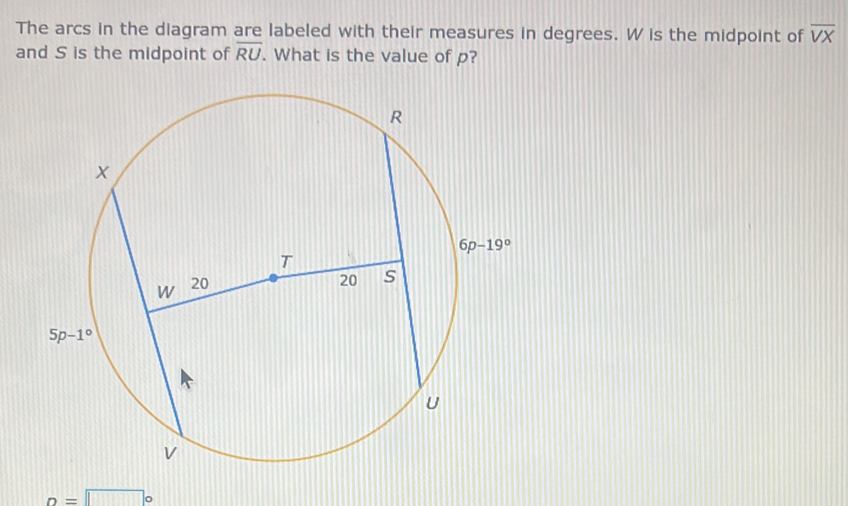 The arcs in the diagram are labeled with their measures in degrees. W is the midpoint of overline VX
and S is the midpoint of overline RU. What is the value of p?
n=□°