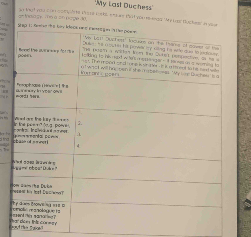 ‘My Last Duchess’ 
So that you can complete these tasks, ensure that you re-read 'My Last Duchess' in your 
anthology. This is on page 30. 
ses or Step 1: 
owar. 
reg 
an 
er's 
ction 
vorth 
rth: he 
ise 
1839 
th] in 
tan's 
in his 
ter the 
find 
ledge 
n 'The 
p 
r 
W 
b h