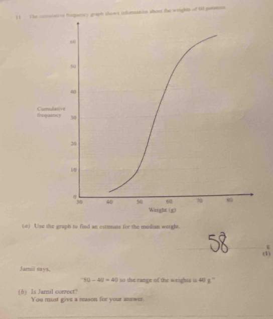 The cumulative frequency graph shows infurmation about the weights of 60 poratous 
(σ) Use the graph to find an estunate for the median werght. 
(1) 
Jamii says,
^-80-40=40 so the range of the weights is 40 g " 
(b) Is Jamil correct? 
You must give a reason for your answer