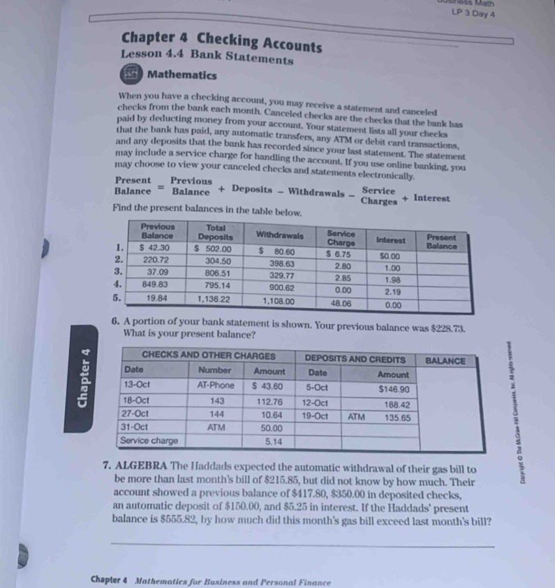 Solved: LP 3 Day 4 Chapter 4 Checking Accounts Lesson 4.4 Bank ...