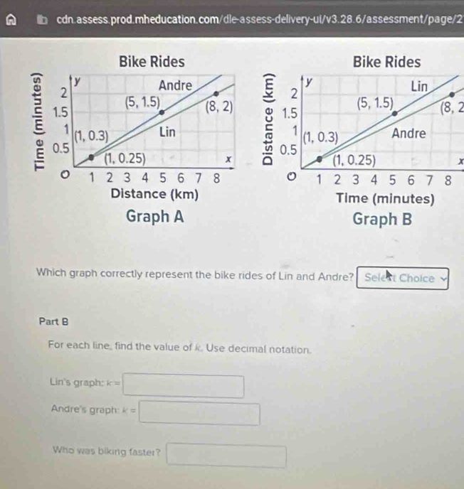 Bike Rides Bike Rides
(8, 2
x
 
Distance (km) Time (minutes)
Graph A Graph B
Which graph correctly represent the bike rides of Lin and Andre? Selest Choice
Part B
For each line, find the value of k. Use decimal notation.
Lin's graph: k=□
Andre's graph k=□
Who was biking faster? □