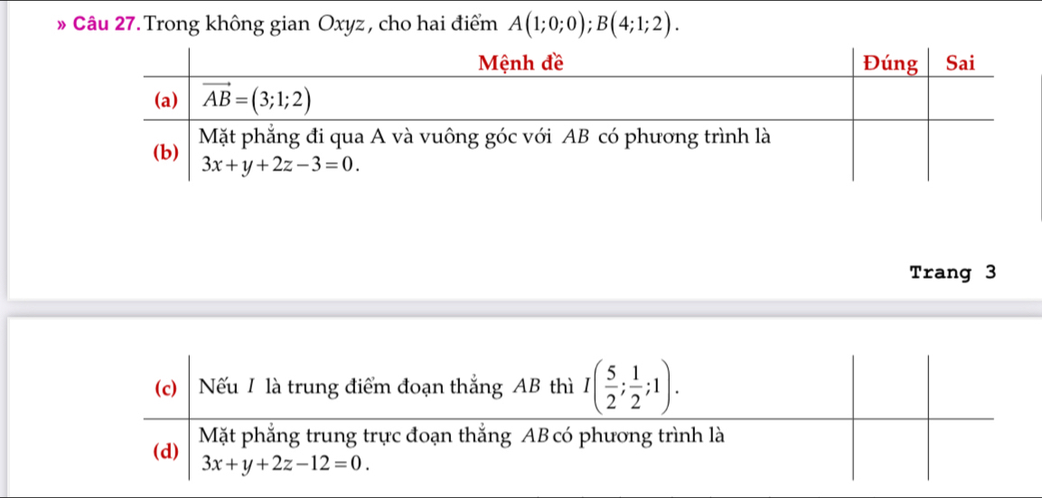 » Câu 27. Trong không gian Oxyz , cho hai điểm A(1;0;0);B(4;1;2).
Trang 3