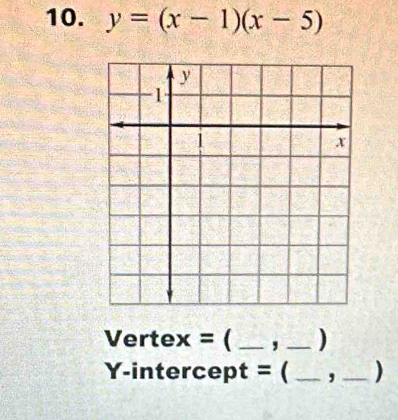 y=(x-1)(x-5)
Vertex = ( _, _) 
Y-intercept = (_ ,_ )